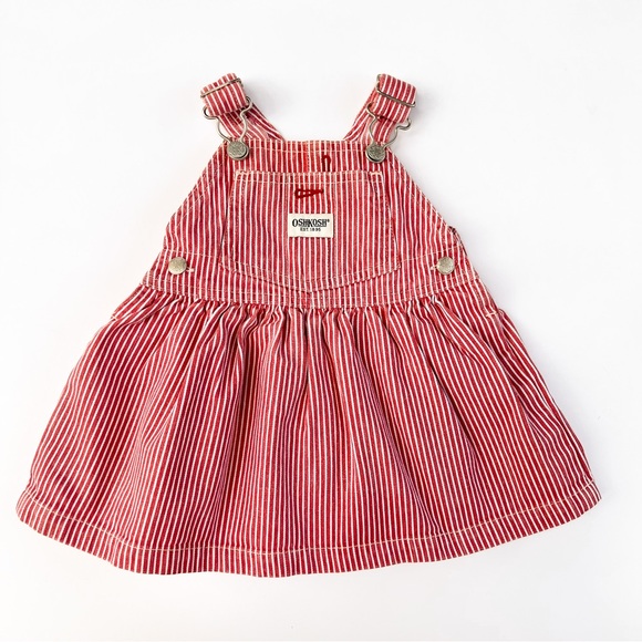 OshKosh B'gosh Other - OshKosh Overall Jumper Dress Red Engineer Stripe Denim Heart Pockets 6-9 months